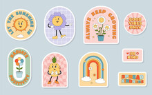 Set Of Groovy Cartoon Stickers. Flowers, Sun, Pineapple, Rainbow. Sticker Pack In Trendy Y2k Retro Style.