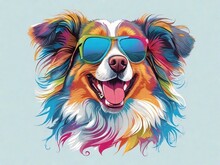 Graphic Tshirt Vector Of A Cute Happy Great Australian Shepard Dog, Wearing Sunglasses, Detailed Design, Colorful, Contour, White Background 8k