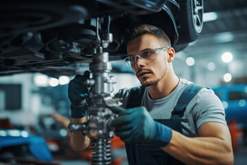 Wall Mural - Expert Care Under the Lift: A Skilled Worker Repairing a Vehicle in a Car Service