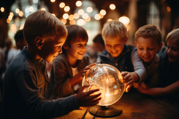 Earth's Embrace. Happy children hugging the Earth globe with their hands. Environmental awareness and love for our planet concept. AI Generative