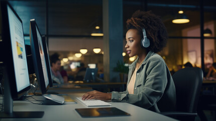 Wall Mural - Beautiful african American Businesswoman typing on laptop