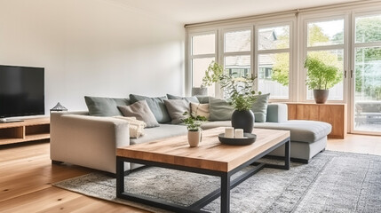 Wall Mural - Comfortable corner couch and wooden coffee table placed in front of modern TV set in cozy spacious lounge room in house on sunny day, Generative AI