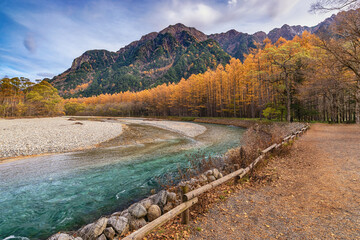 Sticker - Kamikochi Japan, Nature landscape at Kamikochi Japan, autumn fall foliage with pond and mountain