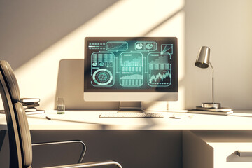 Aufkleber - Modern computer screen with creative statistics data hologram, stats and analytics concept. 3D Rendering