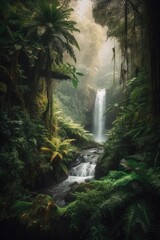 Wall Mural - Majestic waterfall in a rainforest, with sunlight piercing through the canopy.