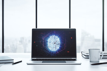 Poster - Modern computer monitor with abstract creative fingerprint hologram, research and development concept. 3D Rendering