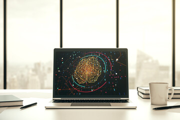 Poster - Modern computer monitor with creative artificial Intelligence symbol. Neural networks and machine learning concept. 3D Rendering