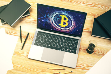 Aufkleber - Creative Bitcoin concept on modern laptop screen. 3D Rendering