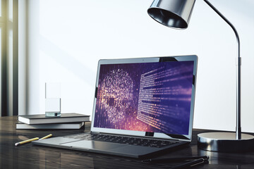 Poster - Creative concept of code skull illustration on modern laptop screen. Hacking and phishing concept. 3D Rendering