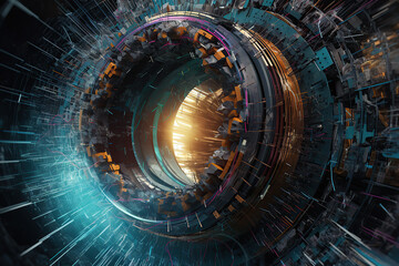 Hadron collider and the moment of two atoms colliding, Imagination of action, Science fiction, Big Data Concept, Flow of digital data in global network, Quantum computer, created with Generative AI