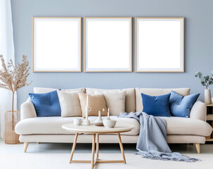 Frames mockup, couch and frames mockup, living room photo mockup, picture frame template AI Generated