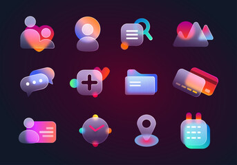 realistic set of glassmorphism ui icons for website or mobile app. vector illustartion of location, 