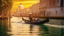 Venetian Gondolier Punting Gondola Through Green Canal Waters Of Venice Italy, Generative AI