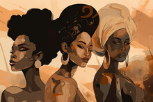 Abstract Poster, Wall Art Design With Beautiful Black Women, Cartoon, Poster, Paint, Luxury Gorgeous African Ladies With Exotic Hairstyles And Traditional Clothe, Created With Generative AI