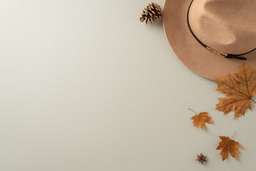 Step up your fall fashion game with essential accessories: a fashionable felt hat showcased from a top view perspective on a grey background, offering copy-space for text or promotional content