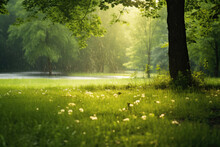 Summer Rain On A Green Meadow In Sunlight