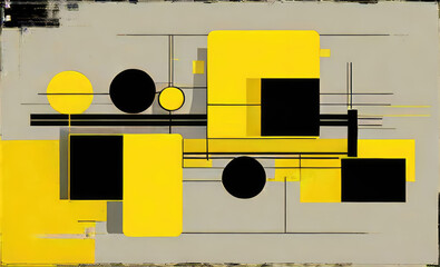 Wall Mural - Constructivist industrial style abstract art background or cover template. Black and yellow squares, circles and straight lines.