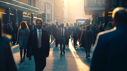 City High street with lots of people going at work in the morning. Successful, motivated people. Beautiful sun light at the background. Illustration made with Generative AI