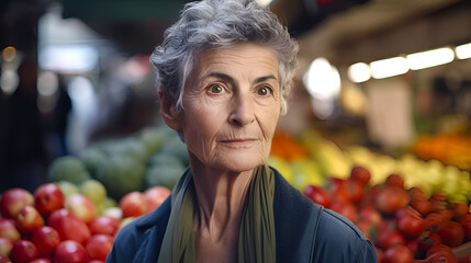 Aged woman choosing fruits and vegetables at street market. Healthy eating, nutritions, organic food concept illustration made with generative AI