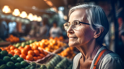 Old woman choosing fruits and vegetables at street market. Healthy eating, nutritions concept illustration made with generative AI