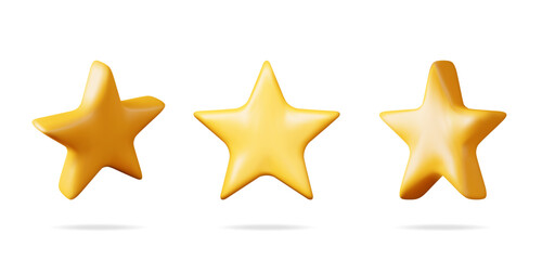Poster - 3D Glossy Yellow Star in Different Angles Isolated. Reviews Round Star Realistic Render Collection. Testimonial Rating, Feedback, Survey, Quality and Review. Achievements or Goal. Vector Illustration