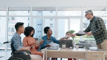 Poster - Diversity, documents and collaboration of business people, leader or manager giving paperwork to design staff. Group communication, designer teamwork and workforce cooperation on creative branding