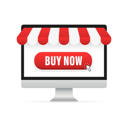 Poster - Buy now red button on the Сomputer screen with awning. Isolated on white background. Flat design. A computer mouse that presses a button. Online shopping web banners. Vector illustration