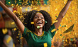 African woman happy and overjoyed after winning a competition celebrations with falling confetti