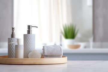 Wall Mural - Empty Table Top in Bathroom with Blurred Background and Copy Space for Product