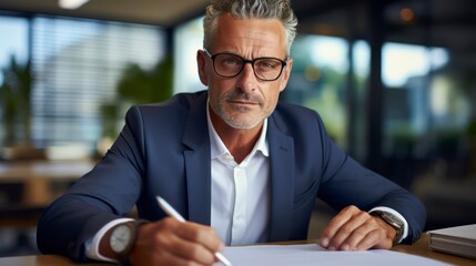 Portrait of successful mature financier, senior businessman with beard and glasses looking at camera, man working inside office on paper work, investor satisfied with result. Generative ai.