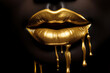 canvas print picture - Golden paint drips from a woman's lips. Beauty and fashion concept. Generative Ai image