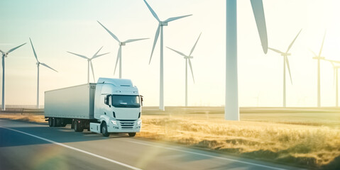 Wall Mural - Hydrogen fueled truck on the road driving and wind turbine in background. Renewable or sustainable electricity. Clean alternative ecological energy.
