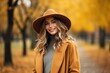© dark_blade - Woman dresses in coat and hat outside in autumn day, AI Generated