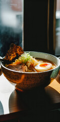 Asian Miso Ramen noodles with boiled eggs, pork, and pak choi cabbage in bowl in restaurant. Japanese cuisine. Vertical mobile. Banner. Generative AI.