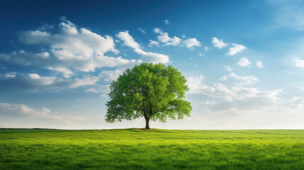 Poster - solitary tree on hill against blue sky. nature and environment background