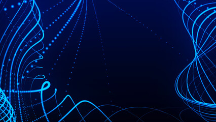 Poster - Dynamic wave of glowing particles. Data flow information. Concept of digital communication. Technology or Science Banner. Big data visualization. 3D rendering.