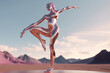 © swillklitch - Crome robot woman dancing in the desert. Artificial intelligence rise and shiny. Mechanical beauty. Generated AI.