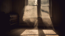 Dusty Room With Old Distressed Windows And Sun Rays. Abandoned Grungy Interior With Lights In The Dust. Generated AI.