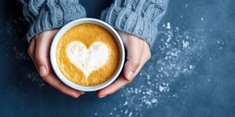 Female hands holding a cup of coffee with foam on blue background. Top view of a table in a cafe. Warm time in autumn. Hot coffee with a heart. (top view), generative ai