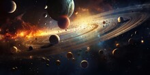 AI Generated. AI Generative. Solar System Universe Galaxy Space Planets Poster Background Decoration. Graphic Art