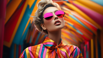 Canvas Print - fashion woman colorful, the bold eclectic fashion styles of the Y2K era. dressed in the latest fashion trends of the time, including chunky shoes, low-rise pants, crop tops, and oversized sunglasses