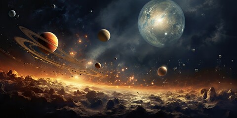 AI Generated. AI Generative. Solar system universe galaxy space planets poster background decoration style