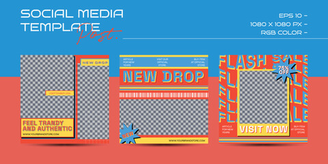Linear vaporwave instagram post templates. Social media set design. Abstract retro aesthetic groovy backgrounds pack