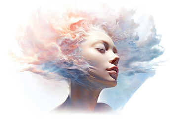 Sticker - clouds swirling around a woman's head in a conceptual abstract design isolated on a transparent background, generative ai