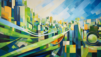 Wall Mural - abstract painting of a sustainable cityscape, using geometric shapes and green and blue color palett