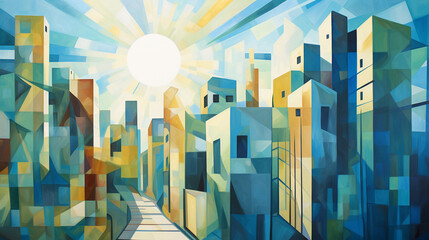 Wall Mural - abstract painting of a sustainable cityscape, using geometric shapes and green and blue color palett
