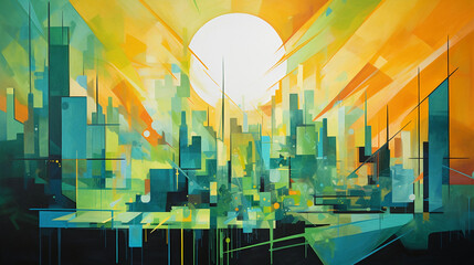 Wall Mural - abstract painting of a sustainable cityscape, using geometric shapes and green and blue color palett