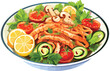 Festive seafood, cooked food, modern food with presentation on plate, delicious food: salad and soup shrimp, crab, clams, baked fish, octopus cartoon vector.GenerativeAI.