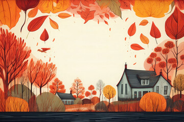 Illustration of an autumn landscape with houses and yellowed leaves with free space for advertising text in the center.