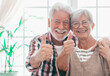 Portrait of senior white-haired retired couple hugging bonding gesturing thumb up, smiling man and woman at home expressing positivity and happiness